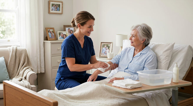Caregiver gently washing arm of elderly woman in hospital bed at home. Compassionate nurse providing hygiene assistance and palliative support to senior patient