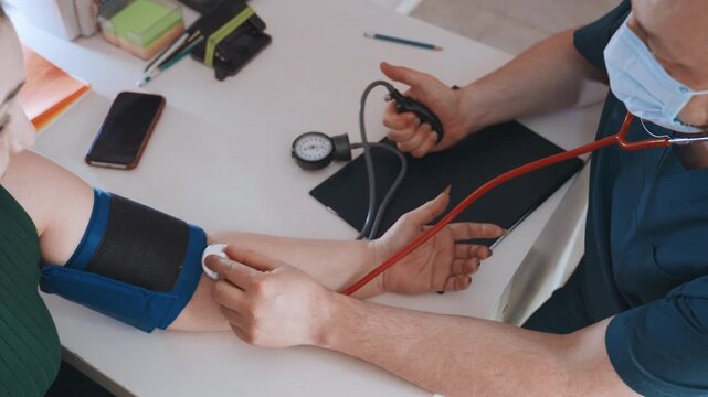Home visit white woman arm measurement, paramedic nurse fits cuff and records systolic and diastolic readings, maskwearing clinician offers calm reassurance, domestic desk with phone and paperwork,