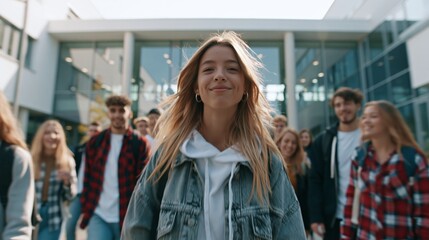 Obraz premium Diverse Group of Students Enters University Building for Entrance Exams in Modern Campus Setting Filled With Hope and Excitement