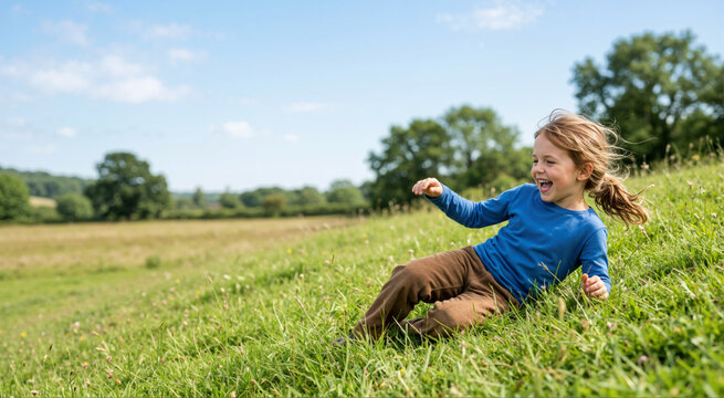Young girl rolling down a grassy hill in a meadow. Child playing outdoors in nature on a sunny day