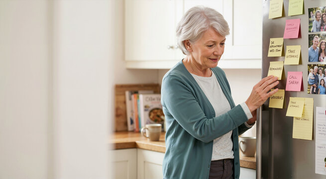Senior woman reading sticky note reminders on kitchen refrigerator. Elderly female using memory aids for short term memory loss and early stage alzheimer