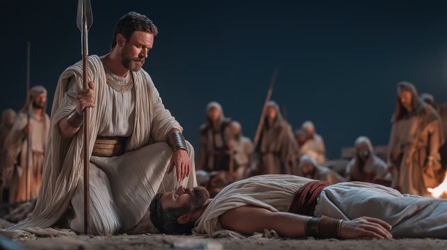 A nighttime camp scene of david sparing saul among sleeping soldiers while holding the king&rsquo;s spear as proof of mercy and integrity.