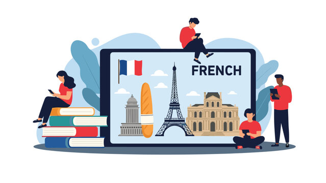 Concept of online French language learning showing students using mobile devices around a tablet with Parisian landmarks.