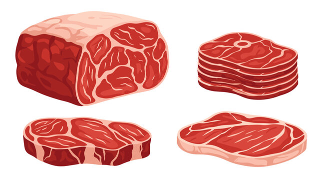 Selection of different raw beef meat cuts including a large roast, a stack of steaks, and individual raw steak pieces on white background.