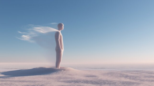 Human silhouette made of fine white sand dissolving into air in a minimalist space symbolizing impermanence and existential reflection.