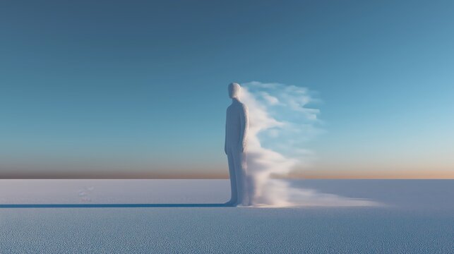 Human silhouette made of fine white sand dissolving into air in a minimalist space symbolizing impermanence and existential reflection.