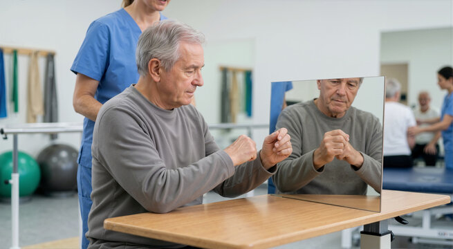 Geriatric man performing mirror therapy for stroke recovery. Senior patient looking at hand reflection with physical therapist in clinic. Neuroplasticity and rehabilitation training concept