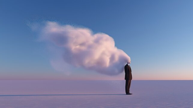 Human silhouette made of fine white sand dissolving into air in a minimalist space symbolizing impermanence and existential reflection.