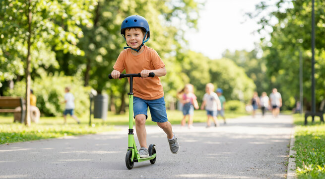Happy boy riding a green scooter in a sunny park. Active child wearing a blue safety helmet playing outdoors