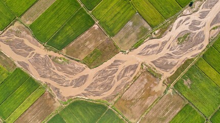 Fototapeta premium Braided flood channels aerial, Super El Nino rainfall patterns, Climate disaster farmland, Abstract landscape texture, Copy space
