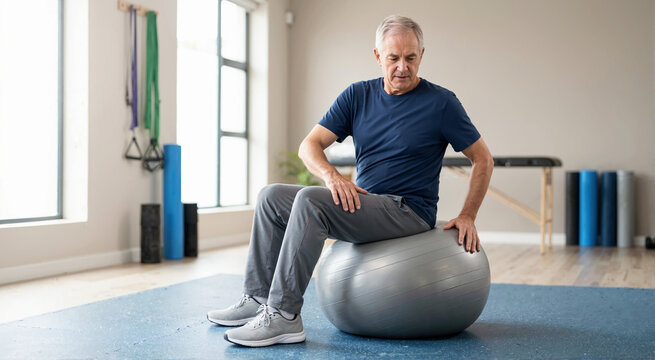 Senior man sitting on exercise ball in physiotherapy clinic. Elderly male patient doing targeted exercises for spine mobility and balance. Physical rehabilitation and ache reduction