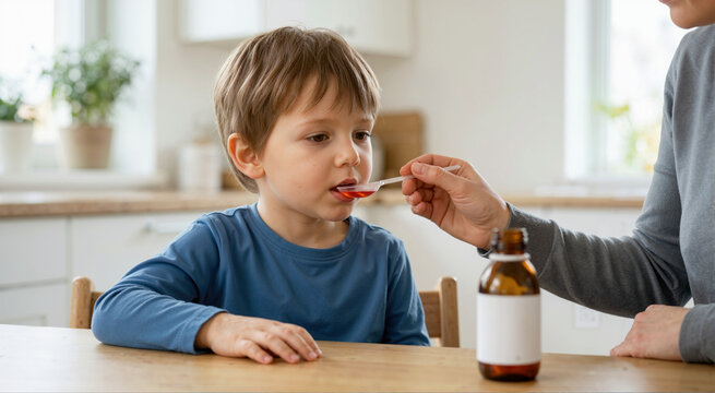 Young boy taking red liquid medicine from a spoon. Mother giving cough syrup to a sick child at home