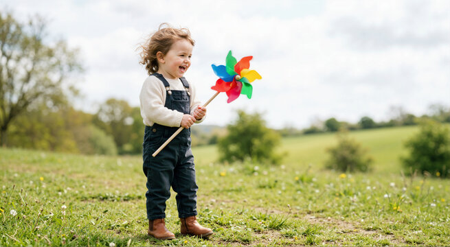 Happy toddler holding a colorful pinwheel toy in a green field. Young child in denim overalls playing outdoors on a windy day. Springtime childhood fun and nature exploration concept