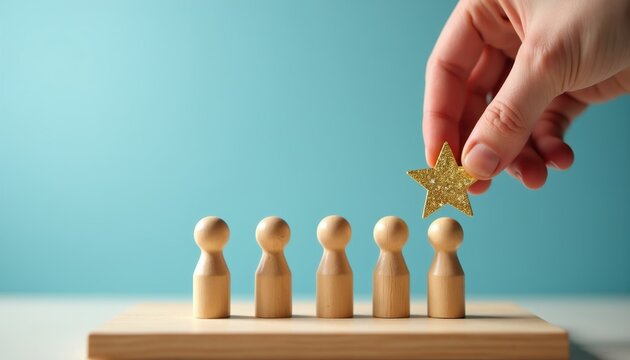 Hand places gold star on wooden figure. Concept for employee selection, best choice or top performer recognition. Leader picks outstanding staff from group.