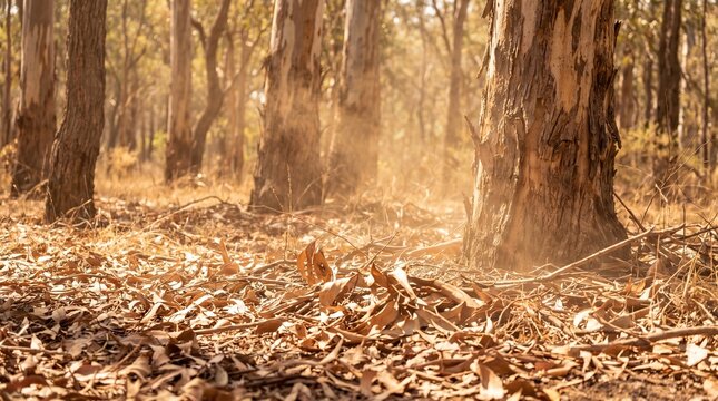 Dry forest floor heat, Super El Nino drought stress, Climate change woodland risk, Sunlit trees, Clean natural background