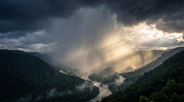 Cloudburst over mountain valley, Super El Nino extreme rainfall, Climate disaster weather landscape, Sunlight breakthrough, Panoramic copy space