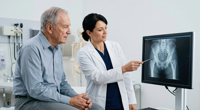 Elderly man viewing hip x-ray scan with female orthopedic surgeon. Doctor explaining pelvic bone fracture diagnosis to senior patient on monitor in medical clinic