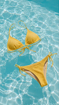 Yellow Crinkle Bikini Set Floating in Crystal Clear Swimming Pool Water