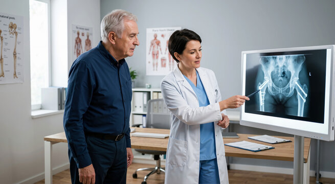 Female orthopedic surgeon explaining hip x-ray scan to elderly male patient. Doctor pointing at monitor during trauma recovery consultation in medical clinic