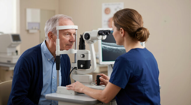 Senior man undergoing OCT scan of retina. Geriatric patient receiving advanced ophthalmology imaging exam by female optometrist