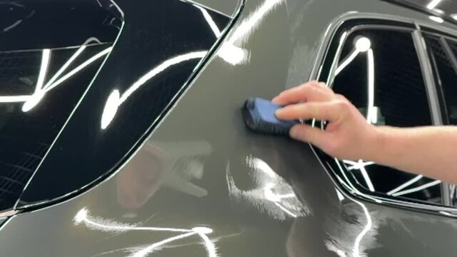 The process of applying a nano-ceramic coating for hydrophobic effect on the green car's body a male worker with a sponge and bottle of chemical composition and microfiber. Auto detailing service. 
