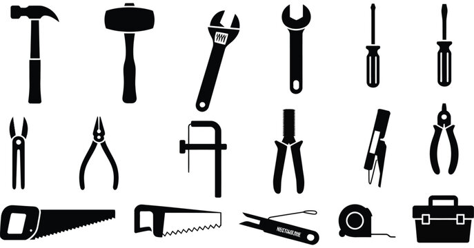 construction hardware hand tools silhouette icon set, featuring hammer, pliers, screwdriver, saw, and toolbox, representing trade skills, craftsmanship hierarchy, professional rank levels