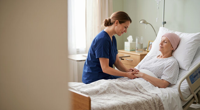 Compassionate nurse holding hands of senior female patient in hospital bed. Elderly woman with pink head covering receiving palliative care in hospice