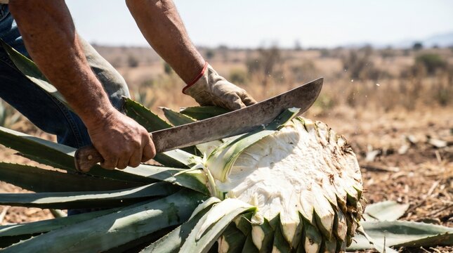 Farmer harvesting an agave plant by cutting the large spiky leaves with a machete in a dry field