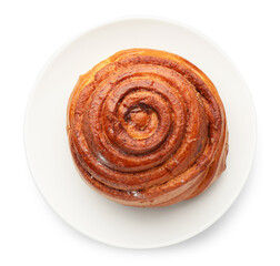 Fototapeta premium One tasty cinnamon roll isolated on white, top view