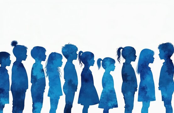 Blue children silhouettes stand in line against white background. Illustration promotes awareness for missing youth and child safety initiatives. Diversity is shown in figures.