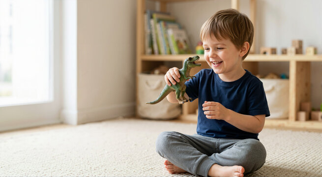 Smiling boy playing with a green toy dinosaur on the floor. Happy child sitting on a rug in a bright playroom at home