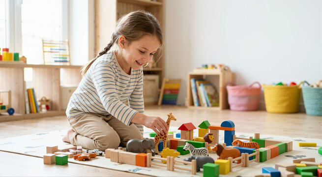Smiling young girl building a toy zoo with wooden blocks. Happy child playing with animal figures on a mat in a bright playroom. Creative educational childhood concept