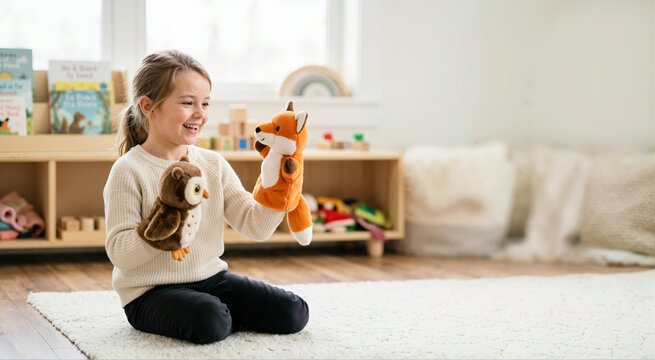 Smiling young girl playing with animal hand puppets. Happy child acting out a story with an owl and a fox toy in a bright playroom. Creative childhood imagination concept