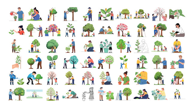 Diverse people gardening set featuring men and women planting trees watering potted flowers and pruning green plants in a flat vector illustration style for environmental and nature concepts
