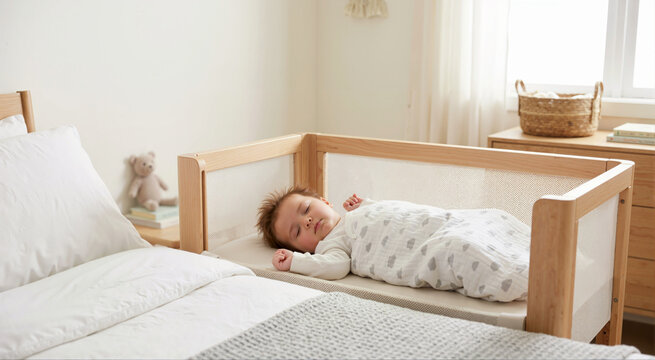 Infant sleeping in a bedside co-sleeper crib. Safe sleep and nursery environment