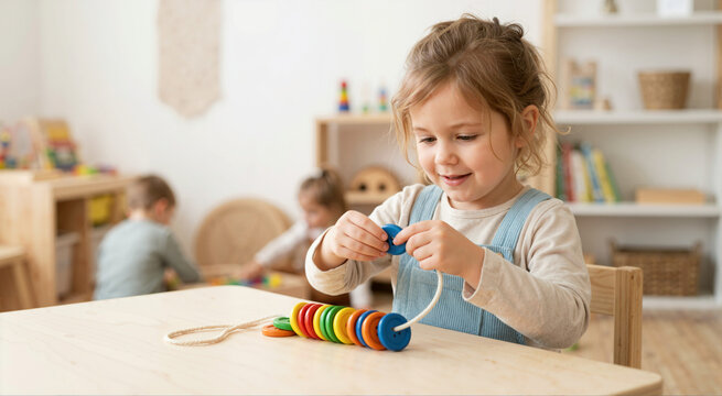 Little girl threading colorful wooden buttons on a string. Child developing fine motor skills with educational toys in kindergarten