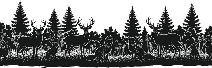 Forest silhouette with deer rabbits and evergreen trees vector illustration © SyedaAshrafunNessa