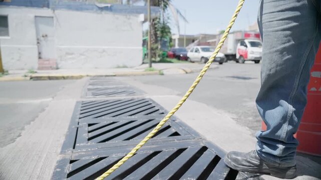Worker in protective suit maintains urban infrastructure in Guadalajara Mexico
