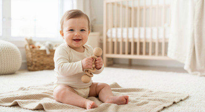 Smiling baby sitting on the floor holding a wooden rattle toy. Caucasian infant playing on a blanket in a bright modern nursery. Child development concept