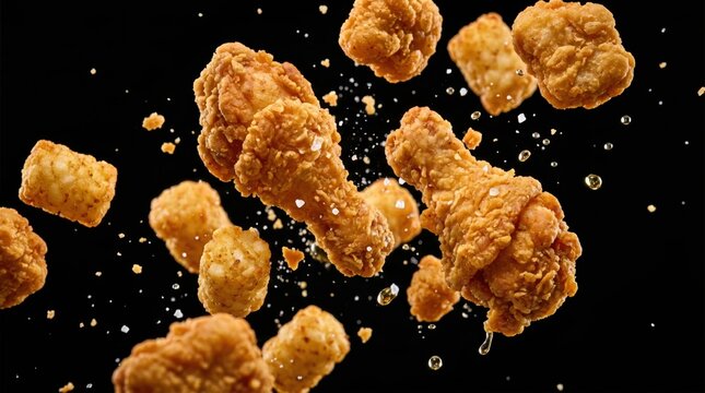 Delicious crispy fried chicken drumsticks, nuggets, and tater tots falling with seasoning.