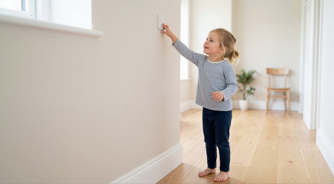 Young girl reaching up to turn on a light switch in a bright hallway. Child independence concept