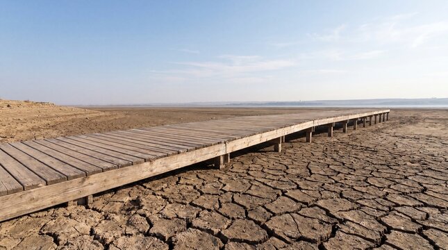 Empty dock over cracked mud, Super El Nino drought water loss, Climate change lake decline, Leading lines, Copy space