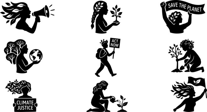 Group of black and white vector icons illustrating people taking action for climate justice and environmental change