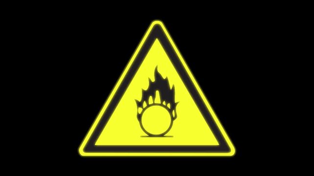 Oxidizing substance hazard warning sign on yellow triangle oxidizing agent material danger icon isolated on black background