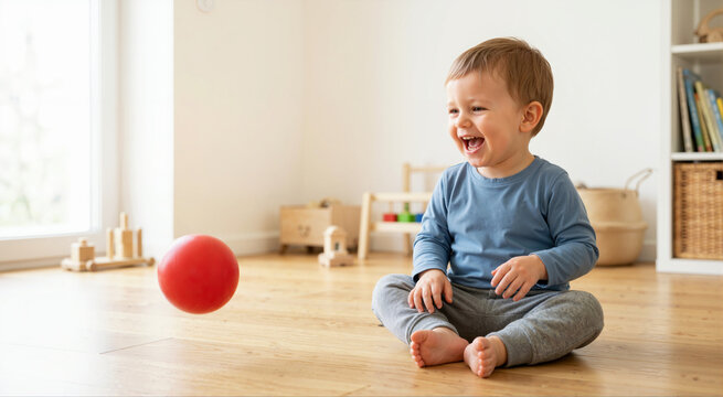 Happy toddler boy laughing and playing with red ball. Cute child sitting on wooden floor in bright modern playroom