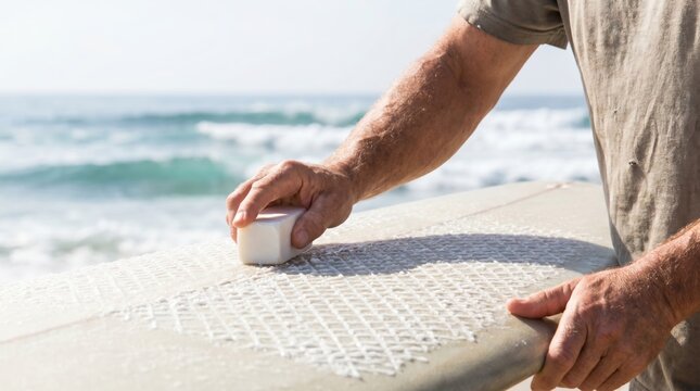 Surfer hands rubbing a white block of surf wax in a crisscross pattern onto a surfboard near the ocean