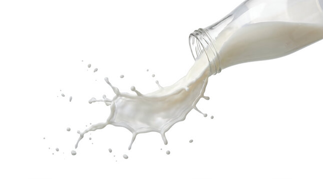 Fresh milk splashing from glass bottle, dynamic white liquid splash on transparent background, organic dairy product pouring with droplets and crown shape