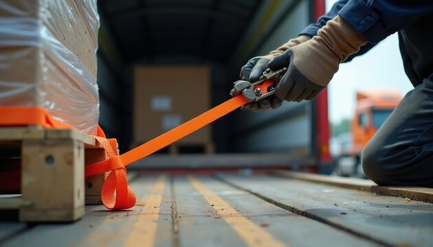Worker secures cargo load on pallet with orange ratchet strap inside truck. Driver prepares freight for shipment transport. Logistics and delivery process.