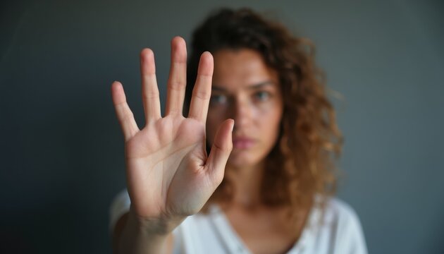 Woman hand signal stop gesture indoors. Person expresses defiance against harassment. Assertiveness, empowerment and self respect concept. Female strength shows inner courage.