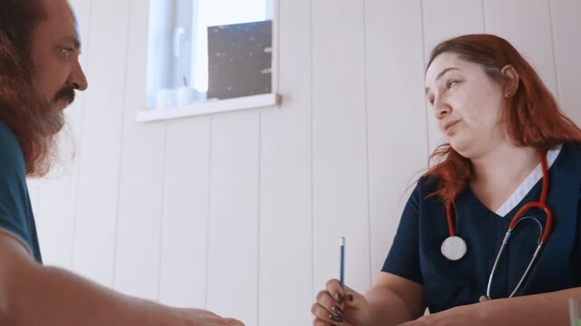 Urgent home triage white nurse assessing patient condition and concern, animated discussion, stethoscope on desk, quick evaluation and plan coordination for possible transport or followup